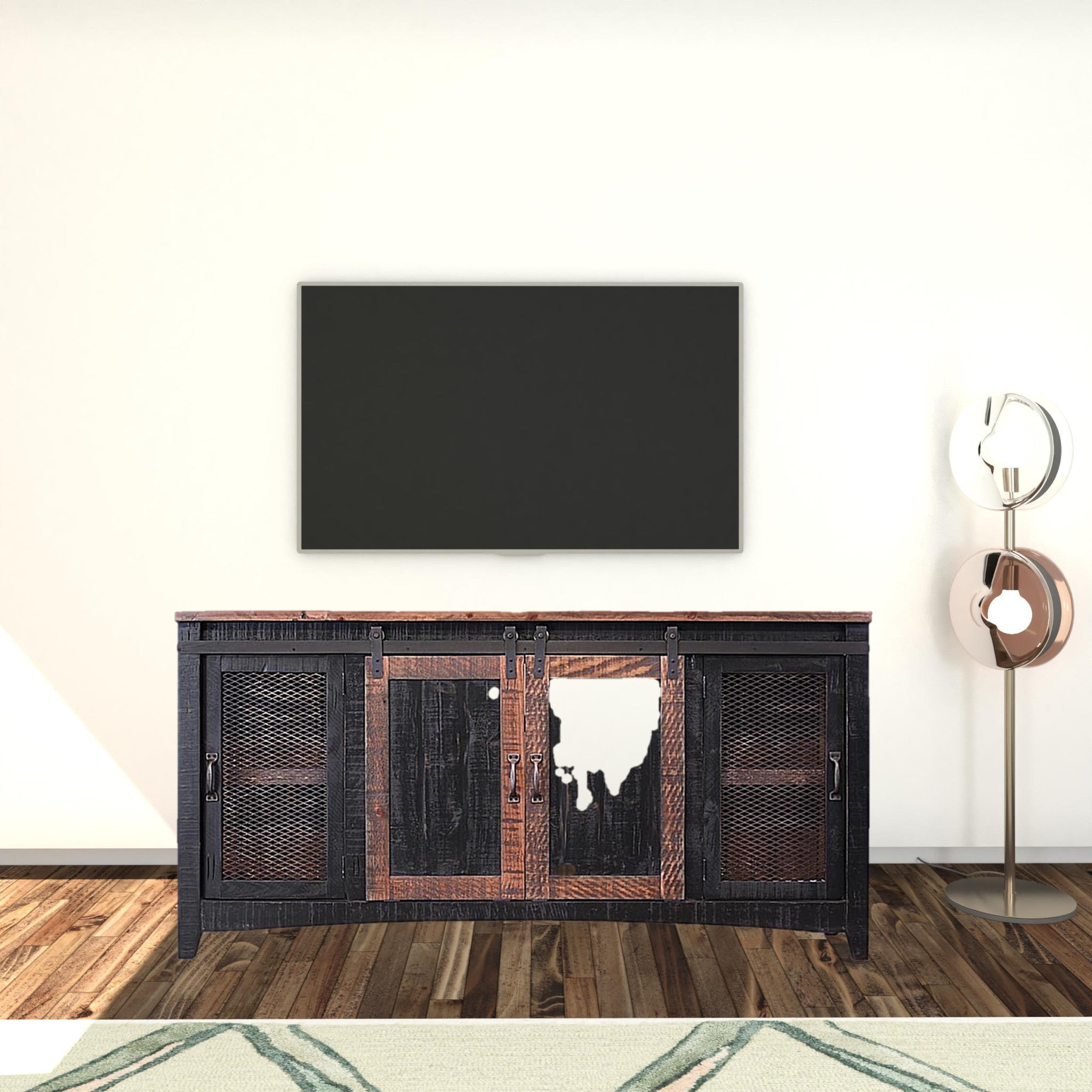 68" Black Solid Wood Cabinet Enclosed Storage Distressed TV Stand