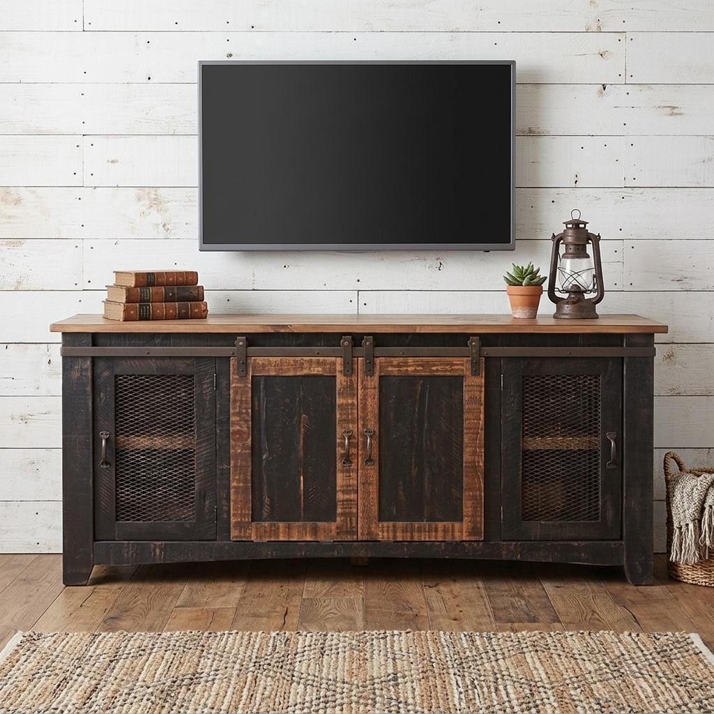 70" Black Solid Wood Cabinet Enclosed Storage Distressed TV Stand