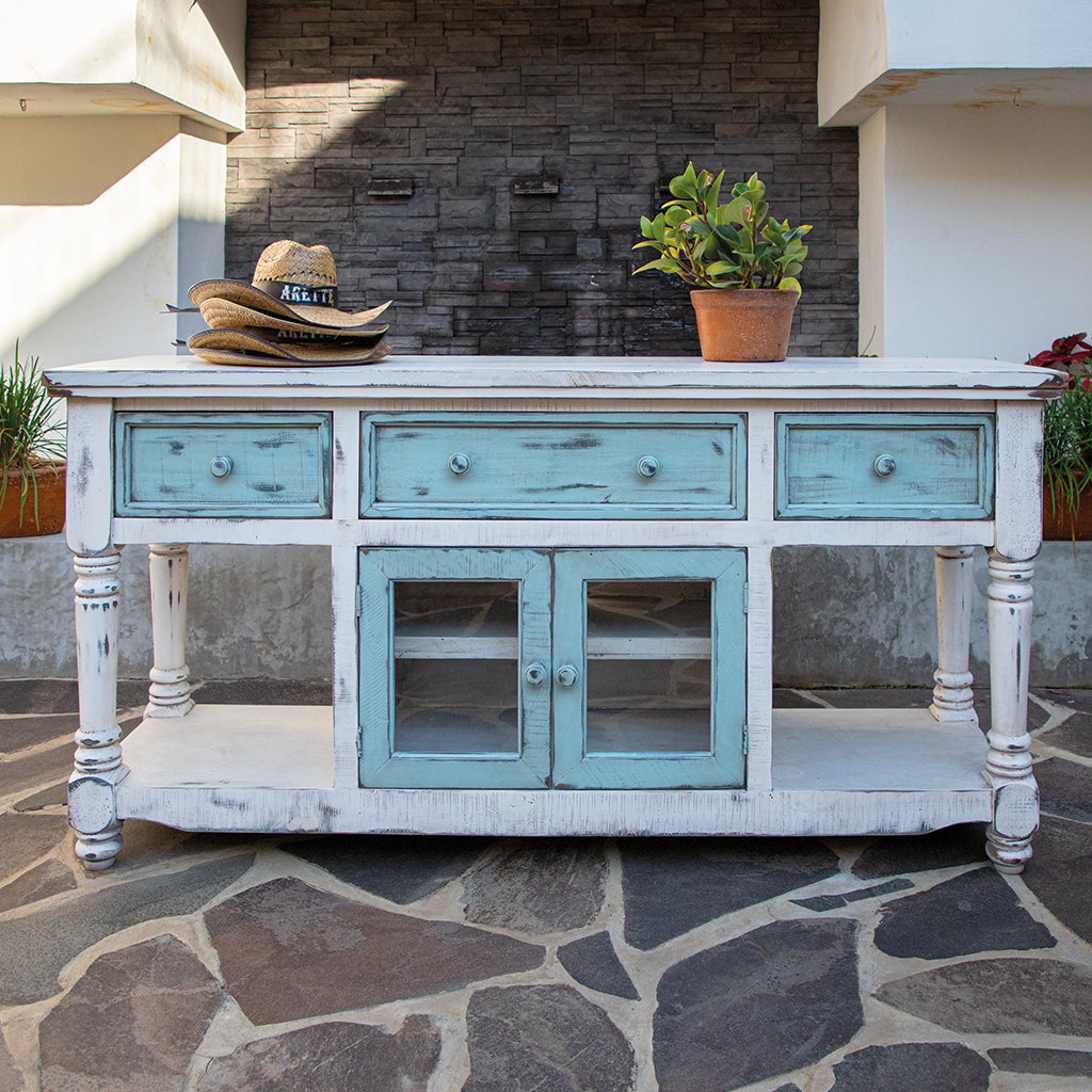 70" Blue and White Solid Wood Open shelving Distressed TV Stand