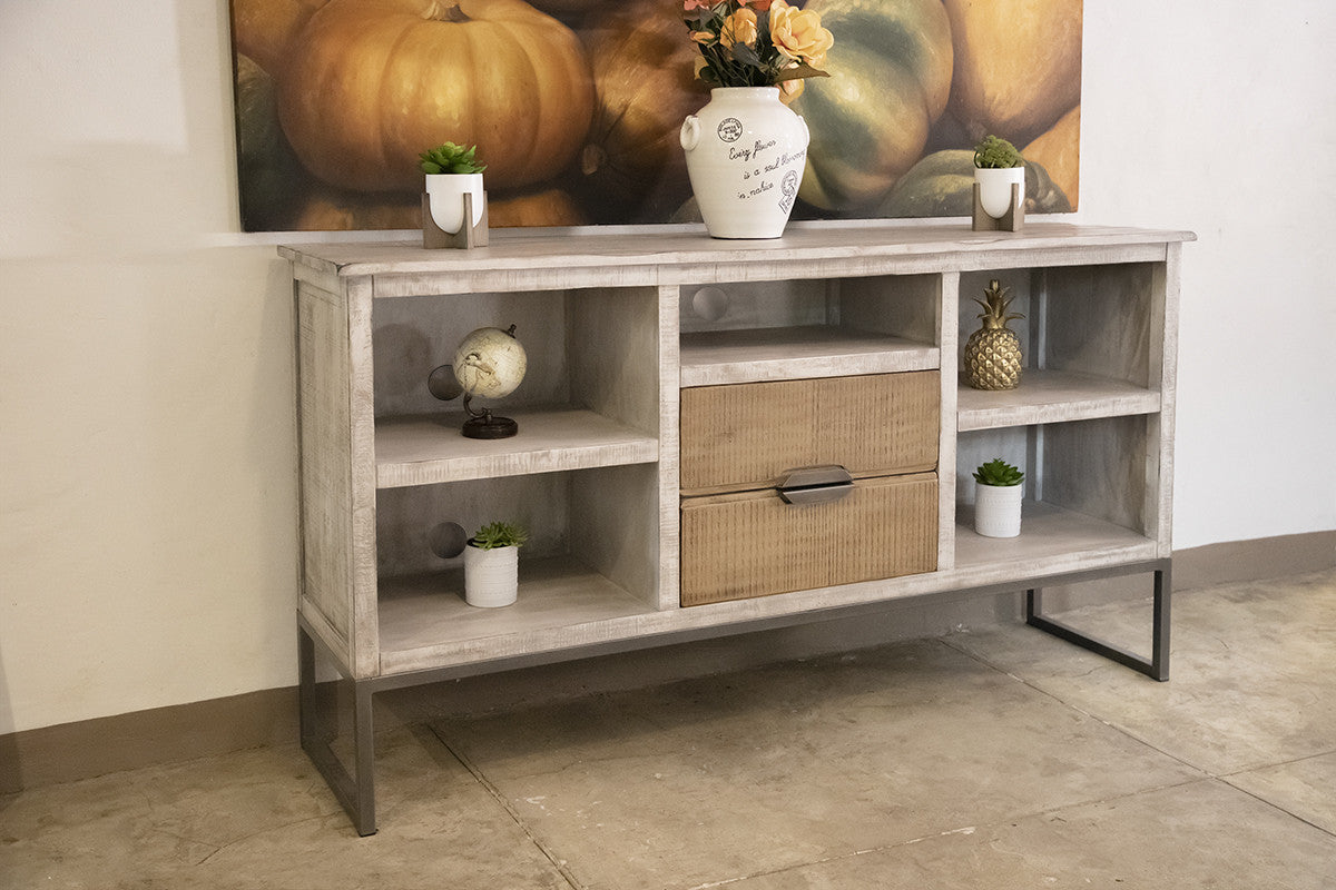 70" Light Gray Solid Wood Open shelving Distressed TV Stand