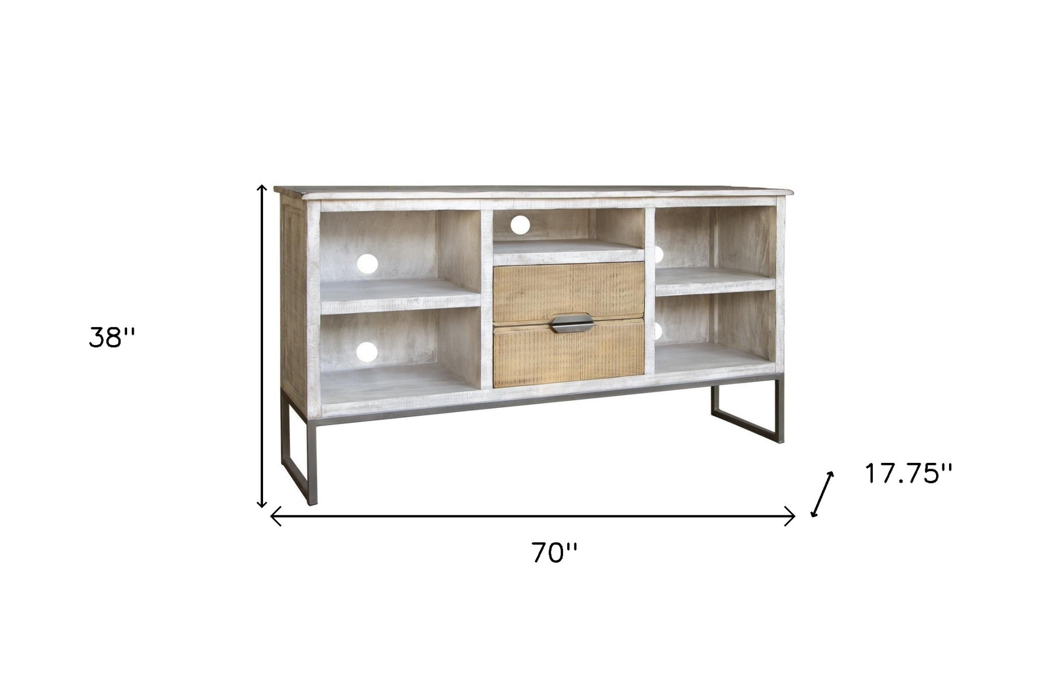 70" Light Gray Solid Wood Open shelving Distressed TV Stand