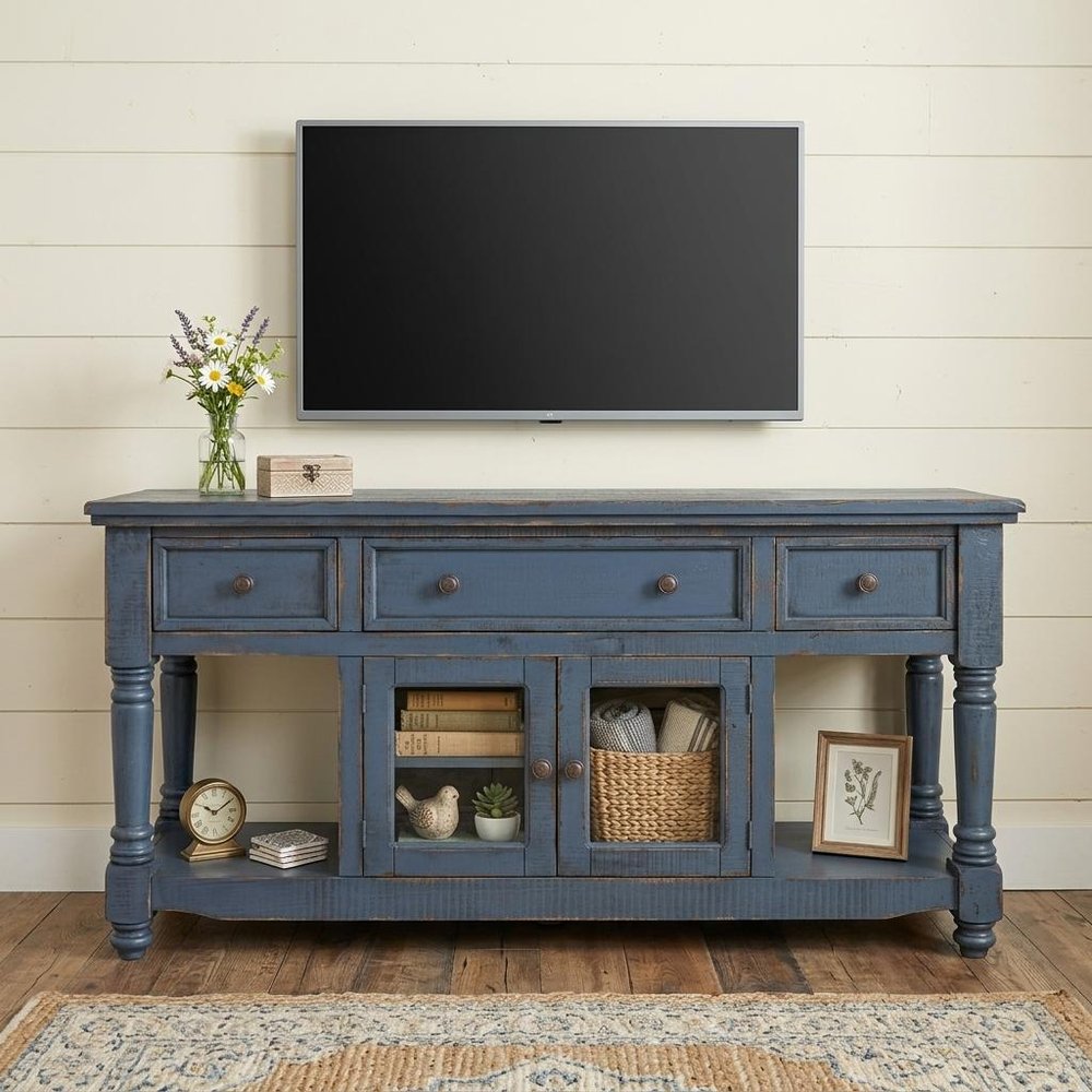 70" Blue Mango Solid Wood Open shelving Distressed TV Stand