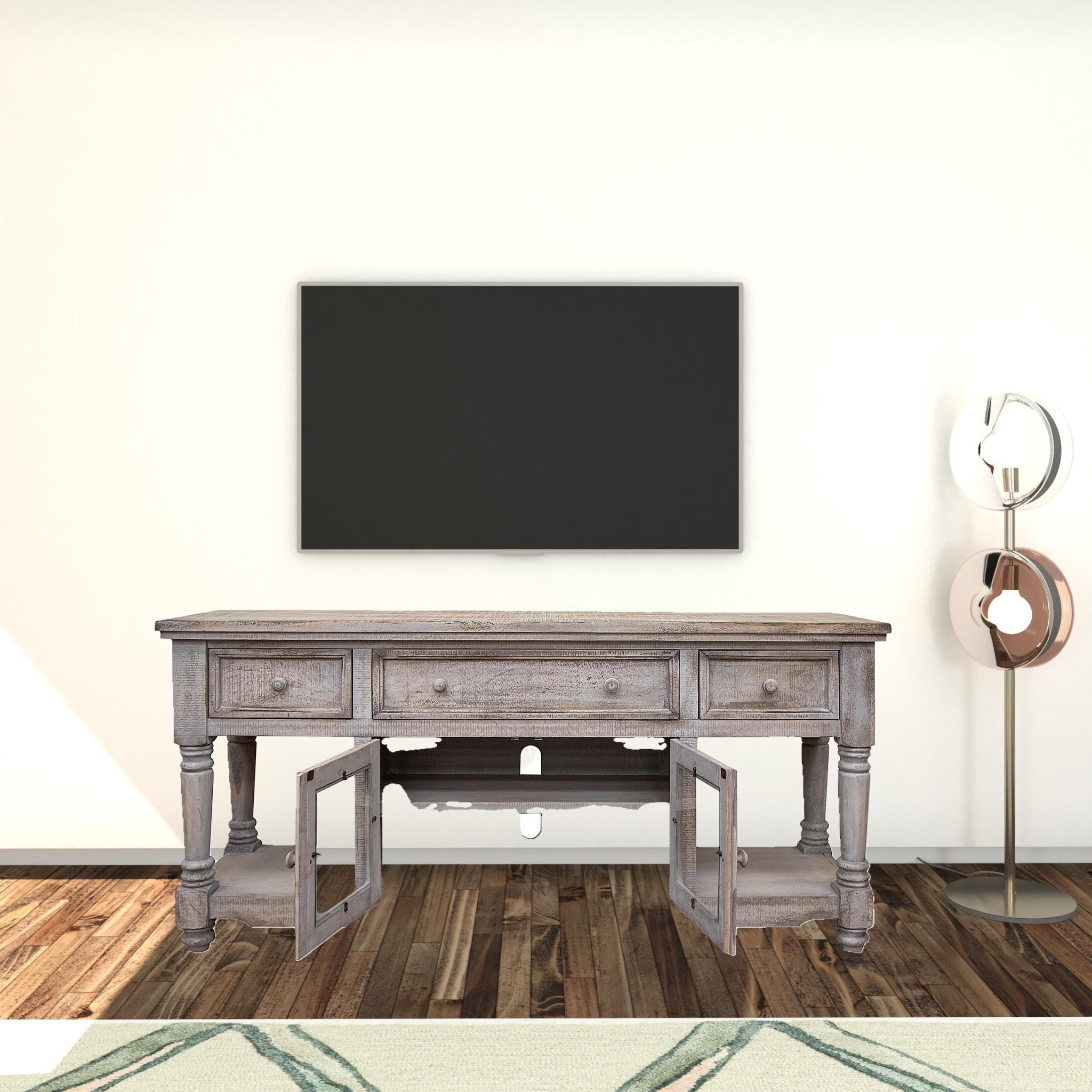 70" Desert Sand Solid Wood Open shelving Distressed TV Stand