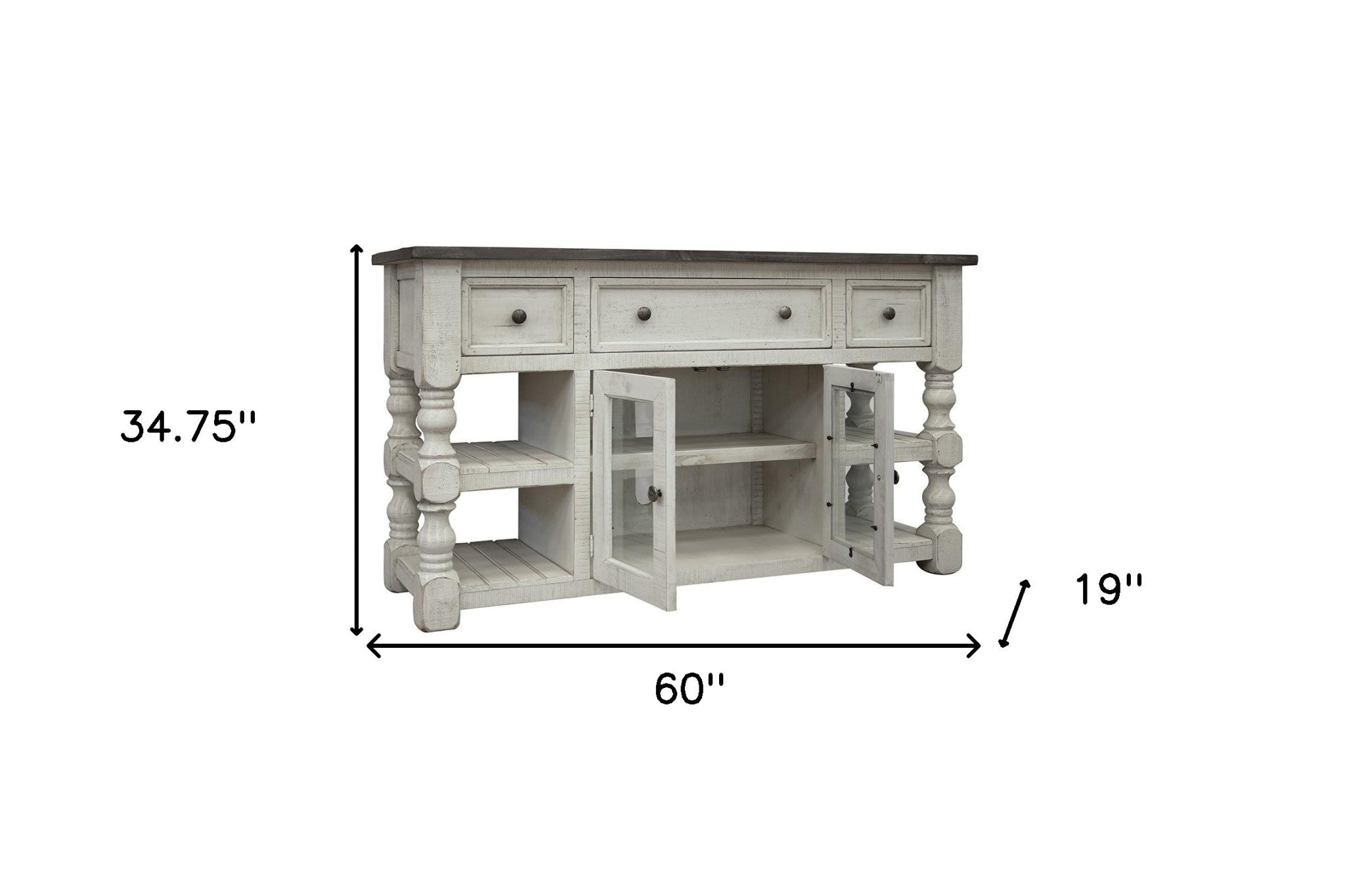 60" Ivory Solid Wood Open shelving Distressed TV Stand