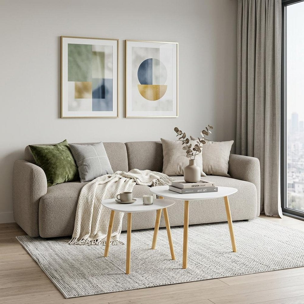 Set Of Two White and Natural Wood Triangle Nested Coffee Tables