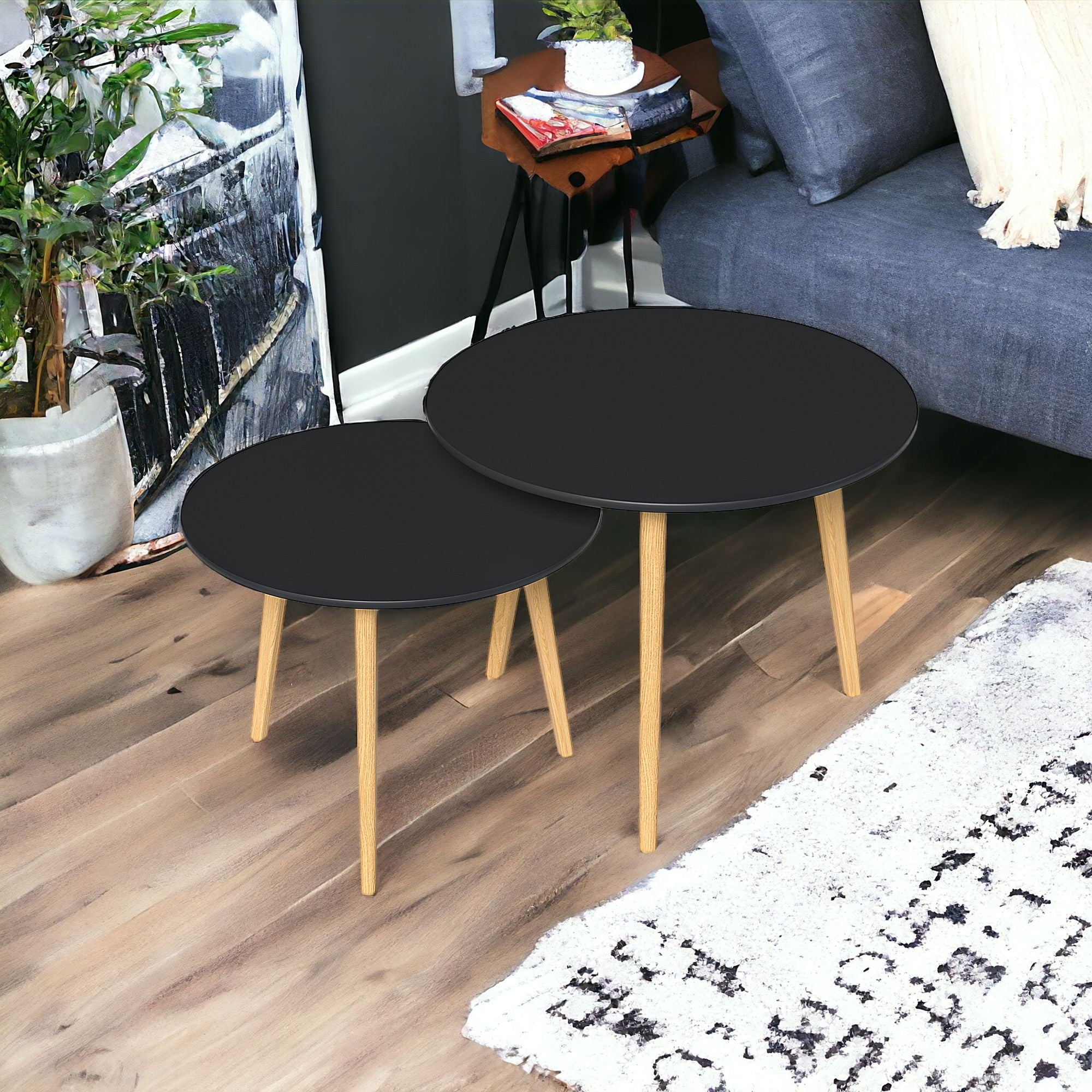 Set Of Two 20" Wood Brown And Black Round Nested Tables