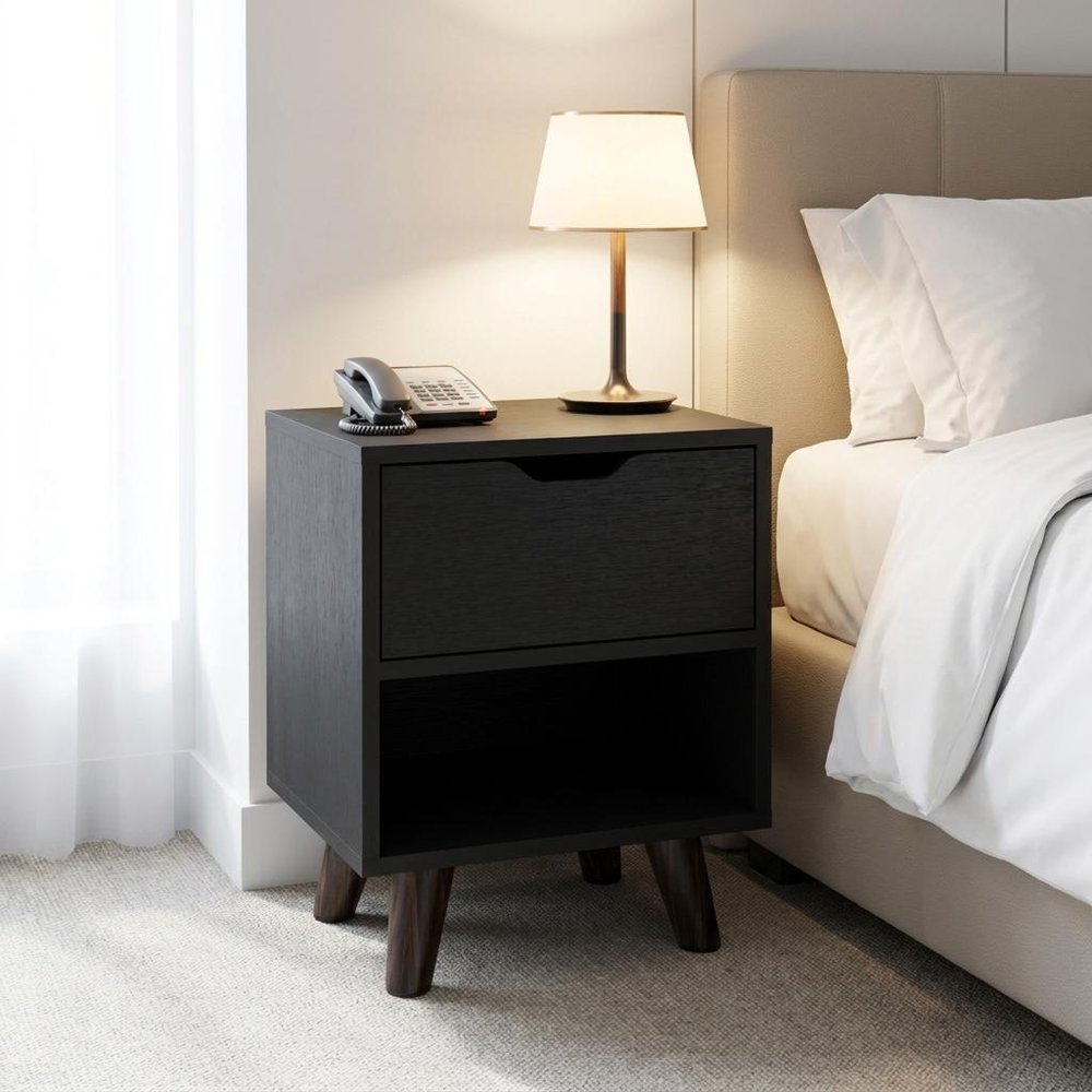19" Black Wood One Drawer Nightstand