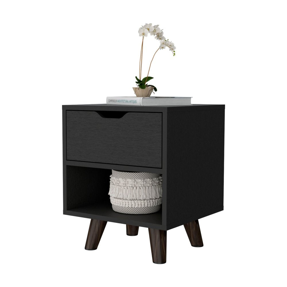 19" Black Wood One Drawer Nightstand