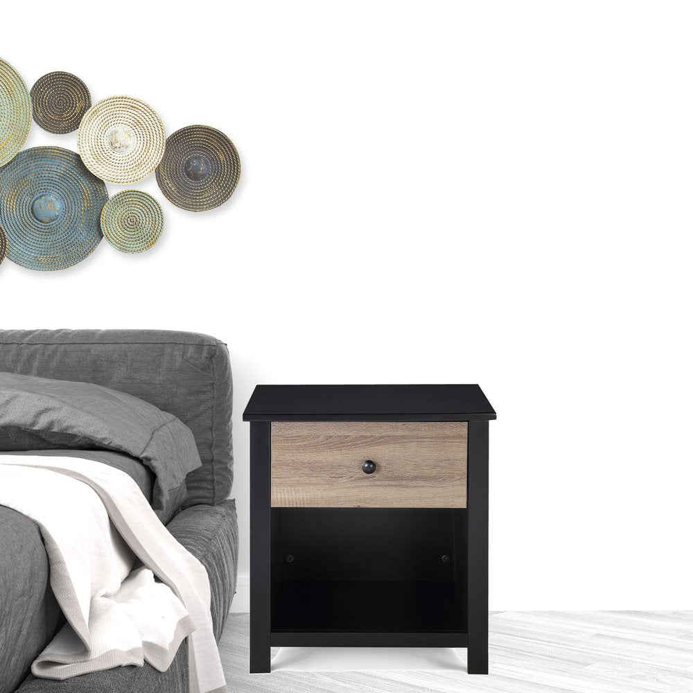 24" Black Solid Wood and Wood One Drawer Nightstand