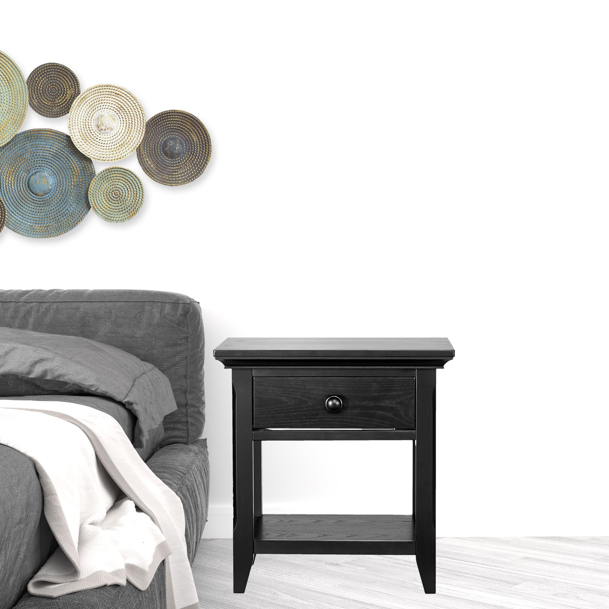 24" Black Solid Wood Solid and Manufactured Wood One Drawer Nightstand