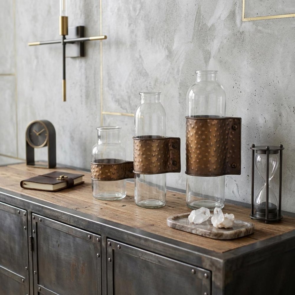 Set of Three Clear and Bronze Hammered Cylinder Metal and Glass Table Vase