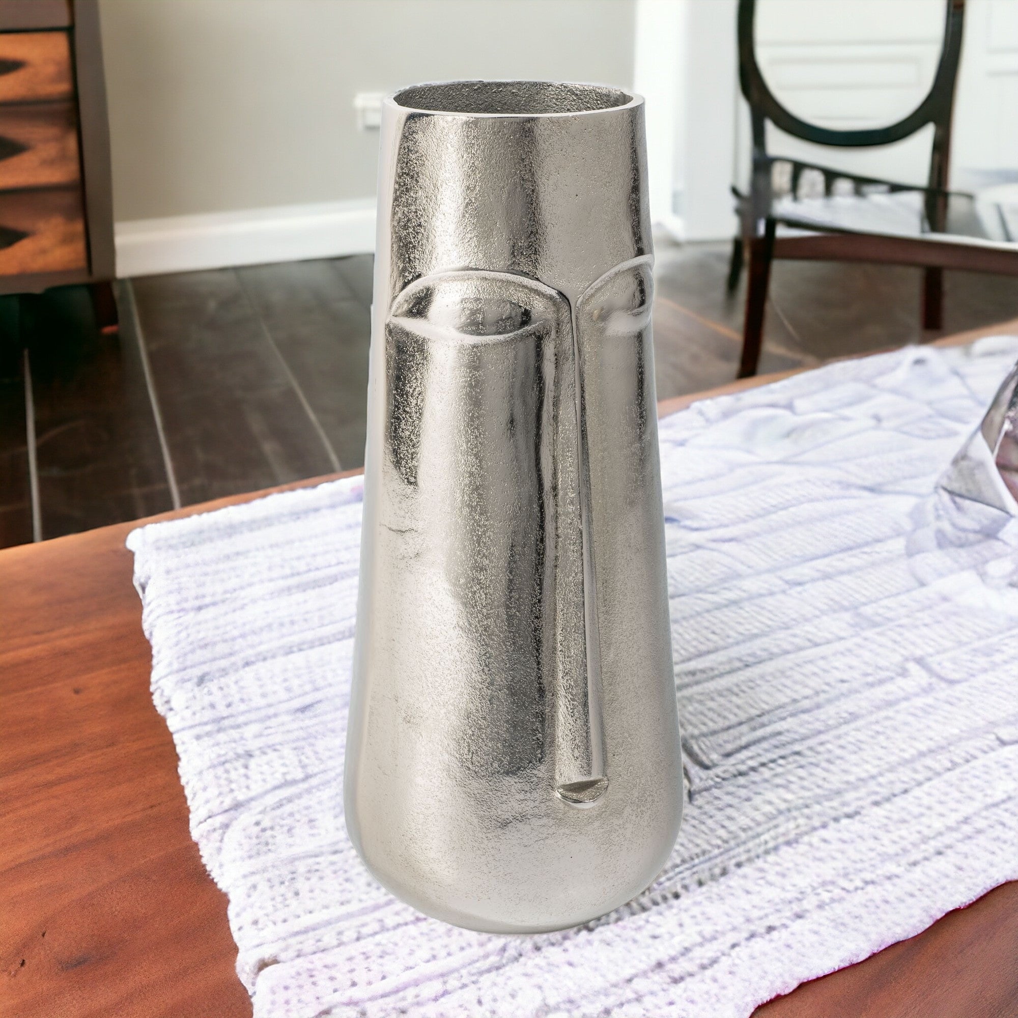 16" Silver Aluminum Faces Cylinder Table Vase