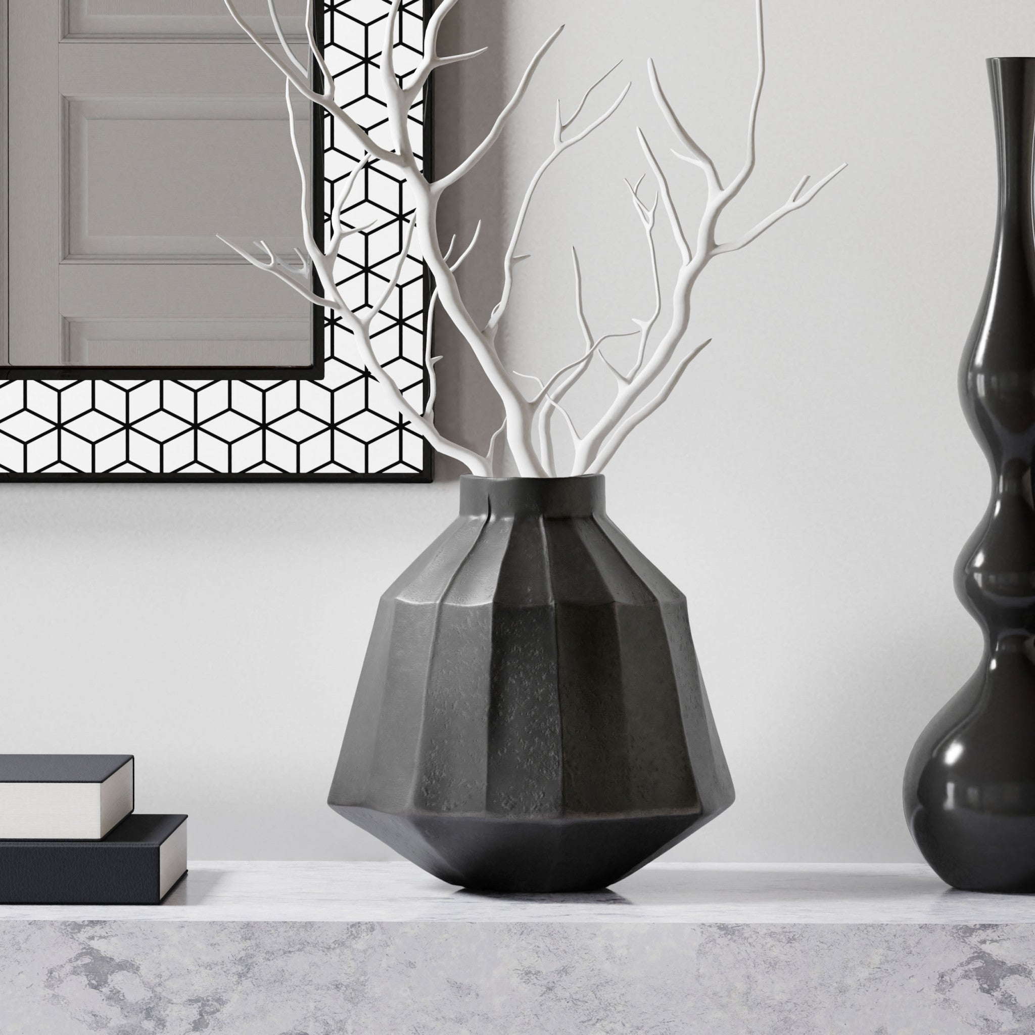 11" Dark Gray Geometric Organic Stripe Round Aluminum Table Vase