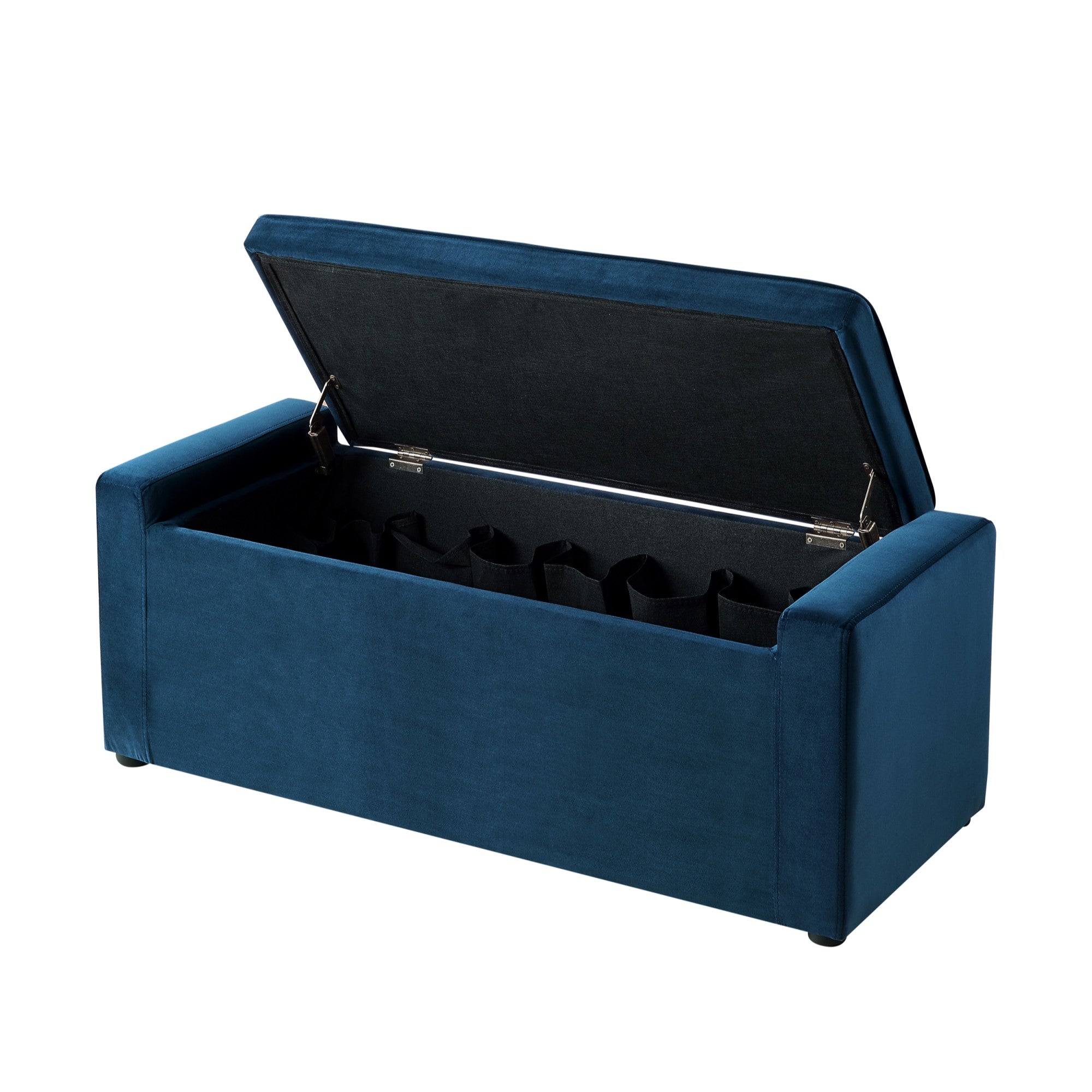 47" Navy Blue and Black Upholstered Velvet Bench with Flip top, Shoe Storage