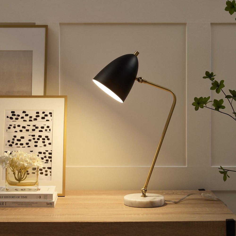 22" Black Iron Desk Table Lamp With Black Bell Shade