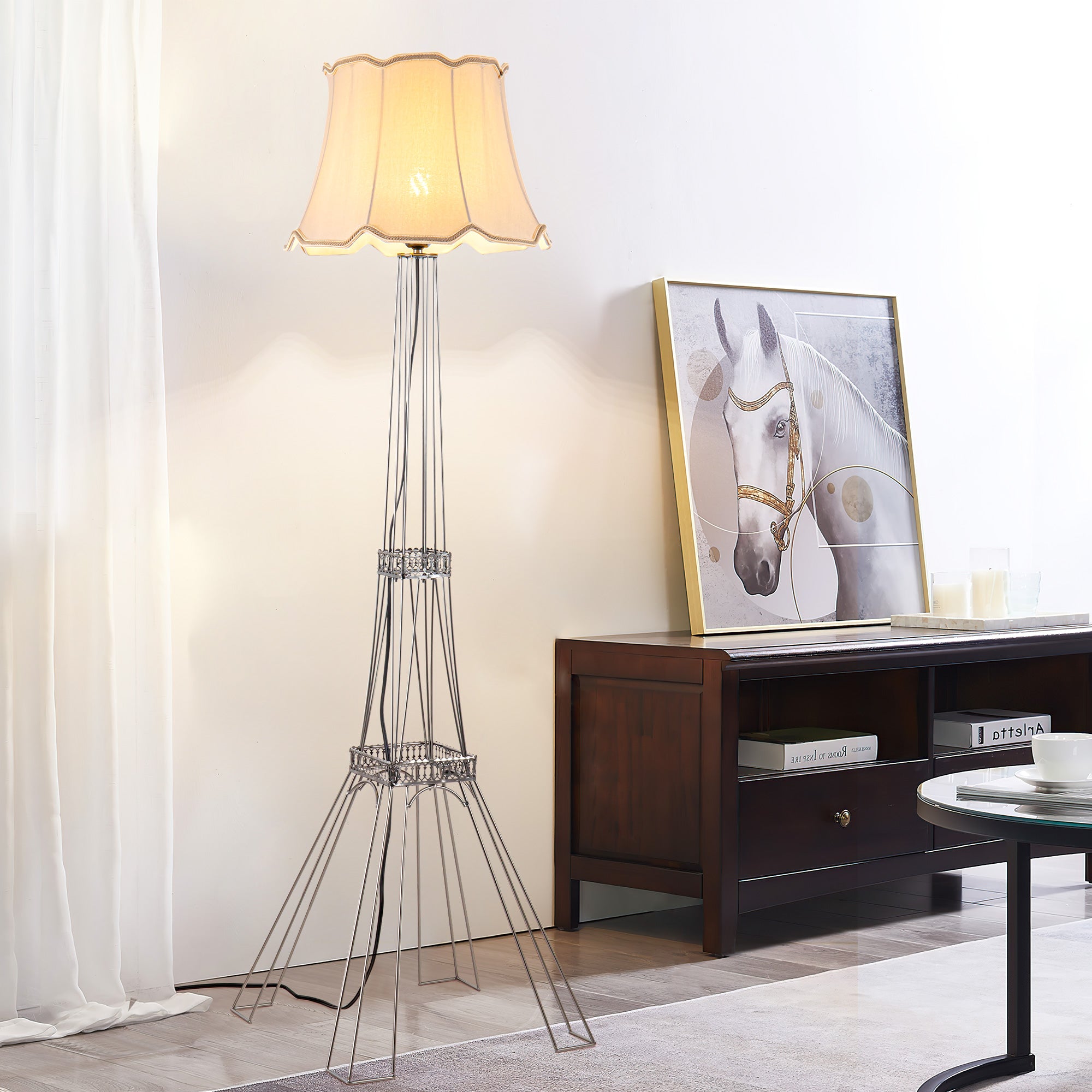 56" Brass LED Light Changing Floor Lamp With Beige Bell Shade