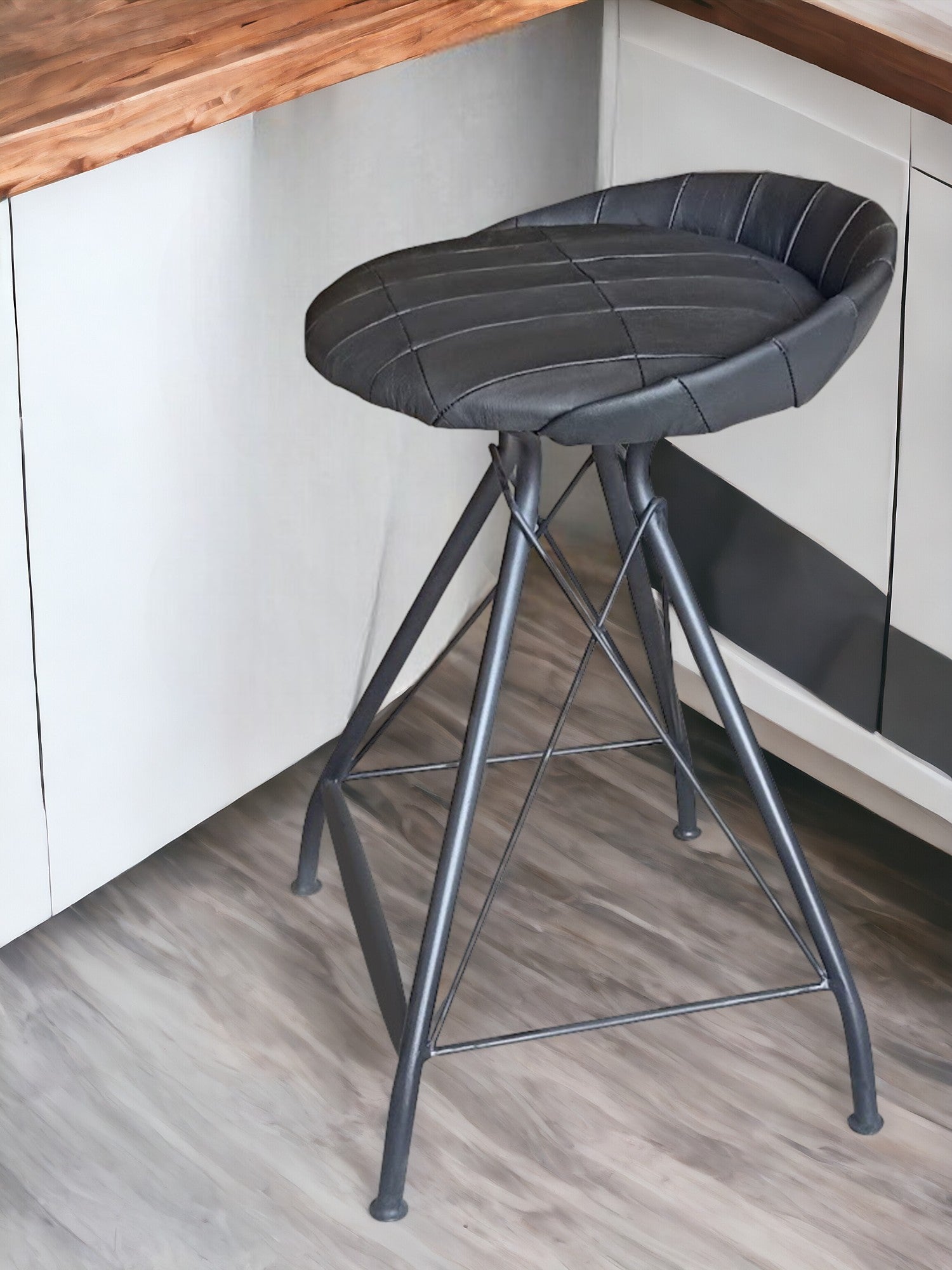 24" Gray Leather and Iron Low Back Counter Height Swivel Bar Chair