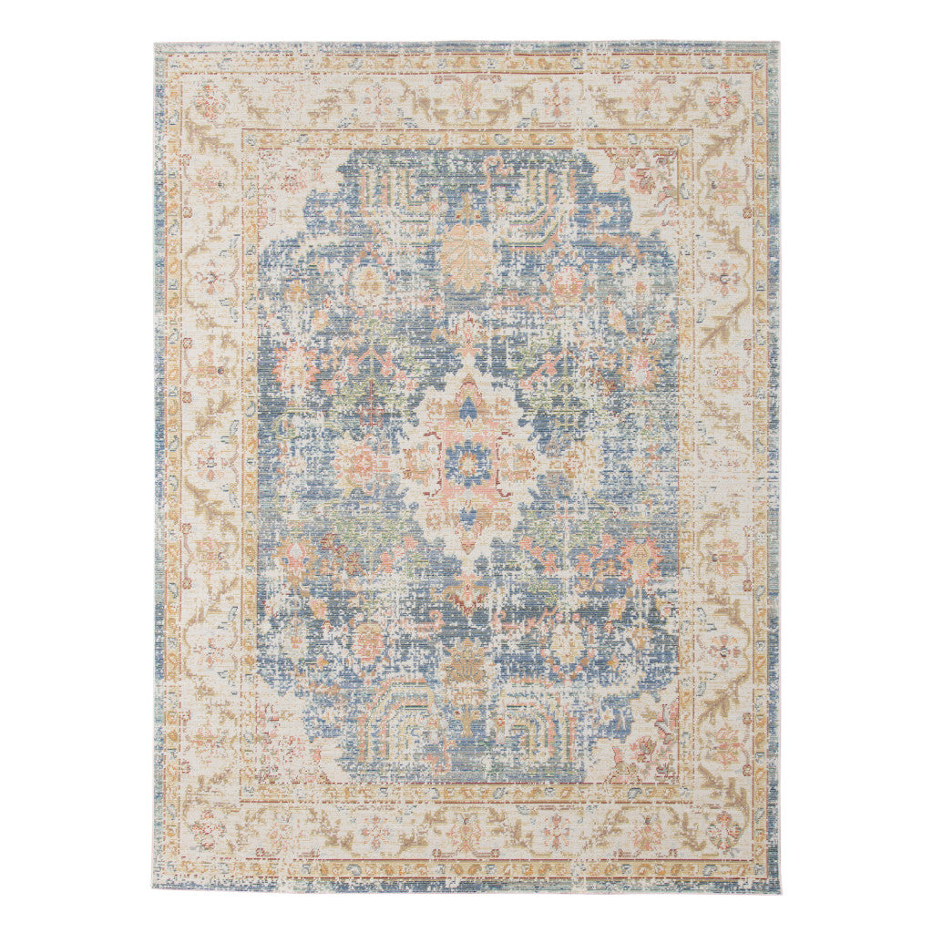 9' X 13' Coral And Blue Floral Area Rug