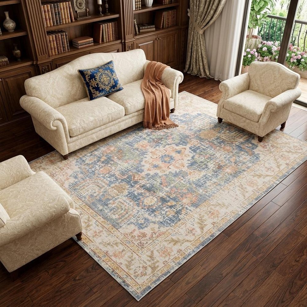 9' X 13' Coral And Blue Floral Area Rug