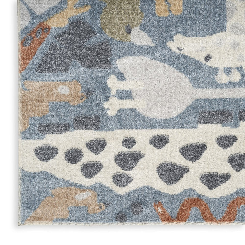 3' X 5' Ivory Blue and Gray Kids Safar Animal Print Washable Area Rug