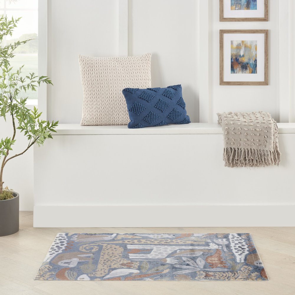 3' X 5' Ivory Blue and Gray Kids Safar Animal Print Washable Area Rug