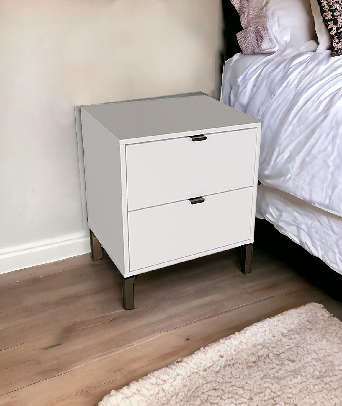 24" White Two Drawer Faux Wood Nightstand