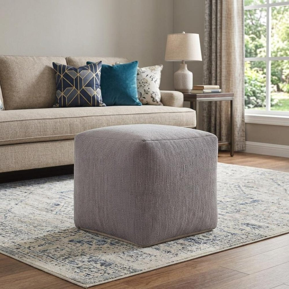 18" Ivory Chenille Cube Pouf Ottoman