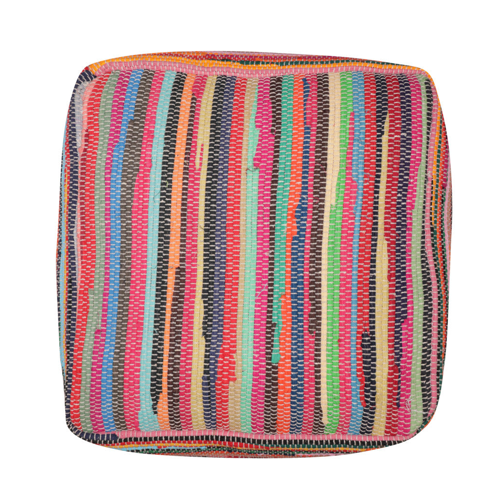 18" Red And Black Cotton Cube Striped Pouf Ottoman