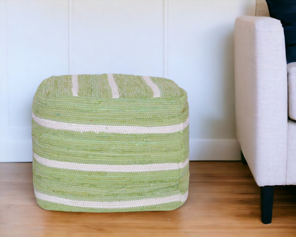 18" Green And White Cotton Cube Striped Pouf Ottoman
