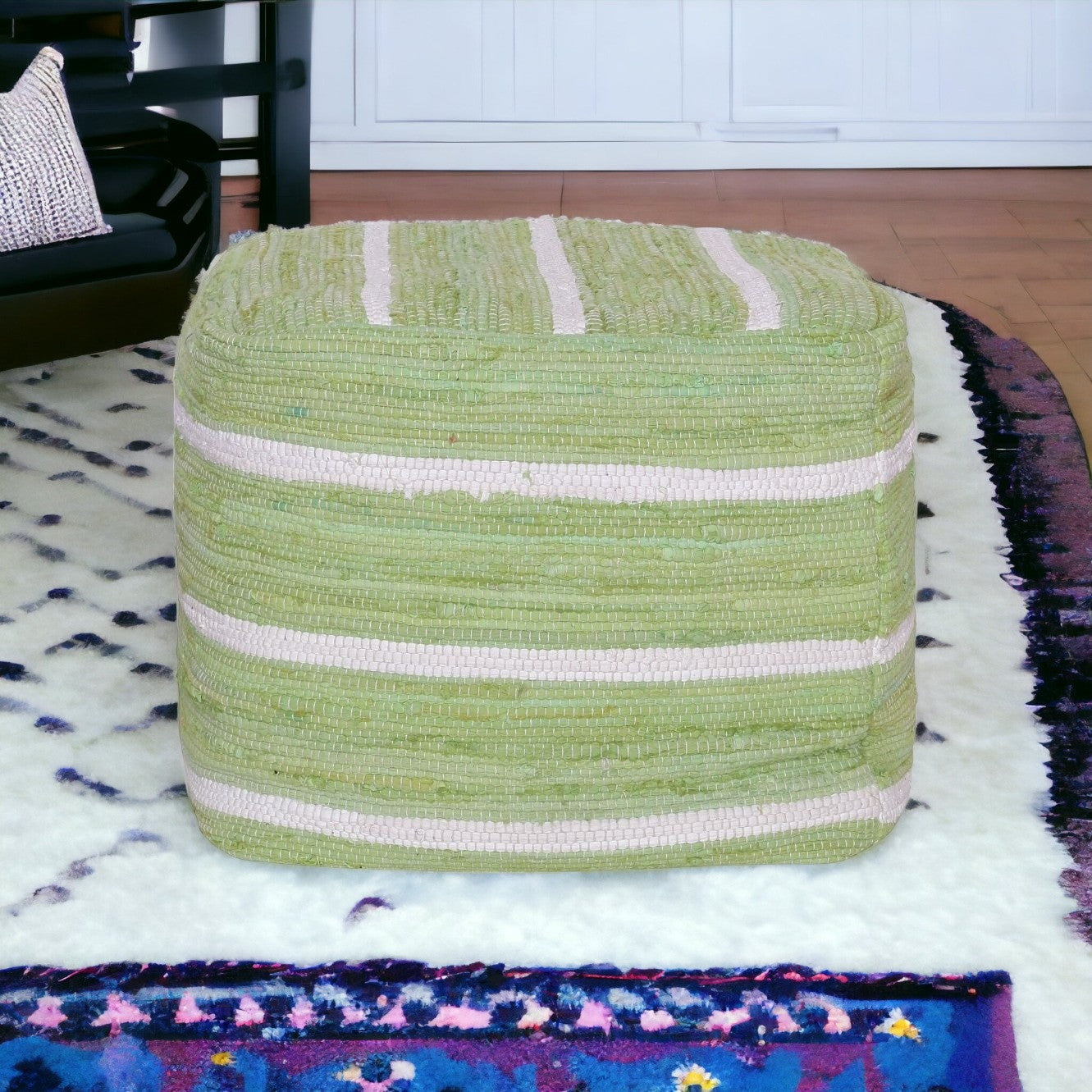 18" Green Cotton Cube Striped Pouf Ottoman