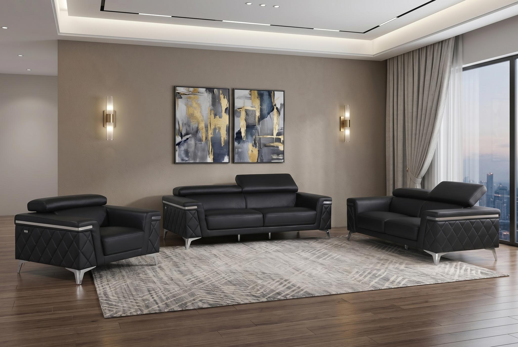 Three Piece Black Italian Leather Five Person Seating Set