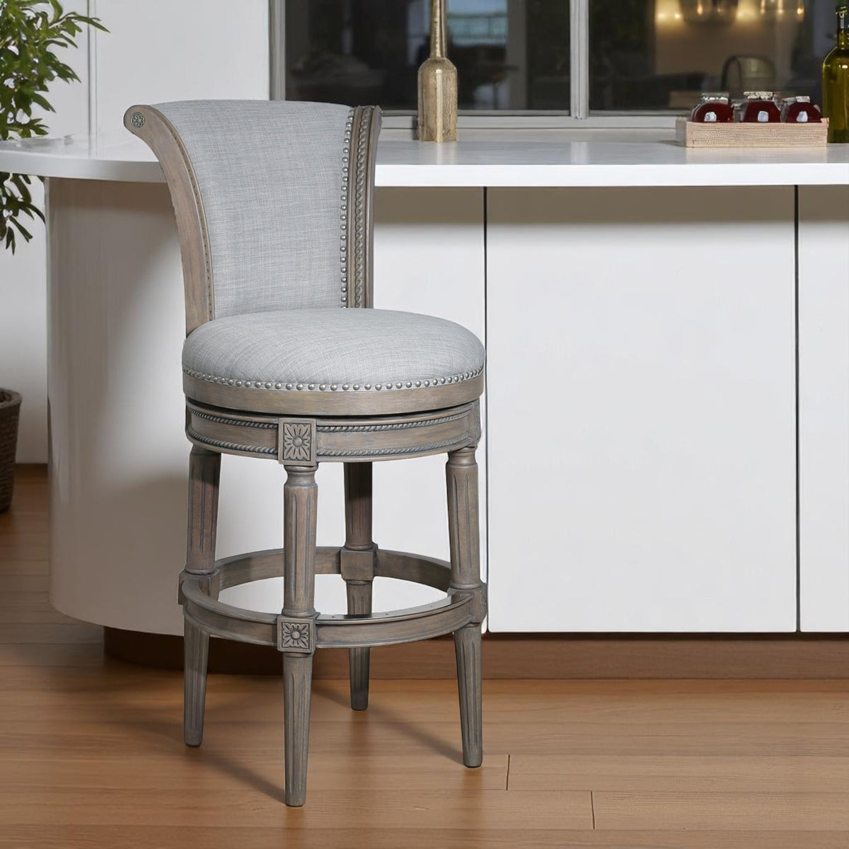 30" Gray Linen And Solid Wood Bar Height Swivel Bar Chair