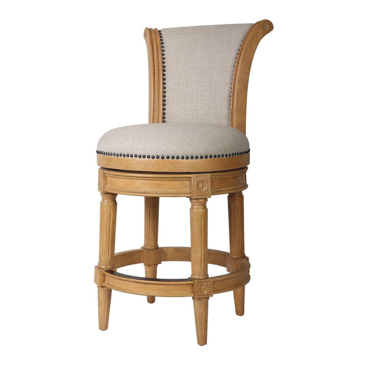 25" Beige And Natural Fabric And Solid Wood Counter Height Swivel Bar Chair