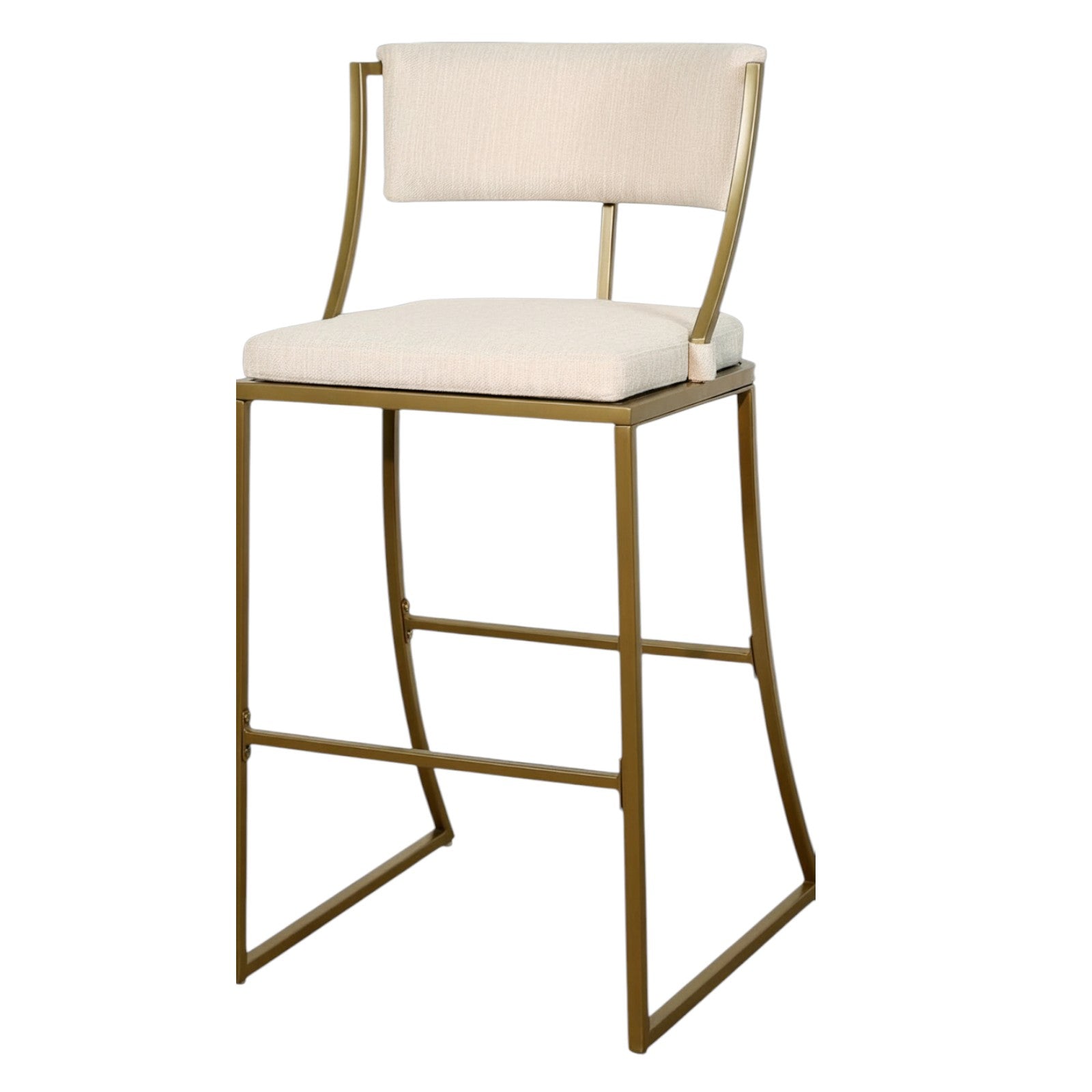 30" Beige And Antiqued Brass Fabric And Steel Low Back Bar Height Bar Chair
