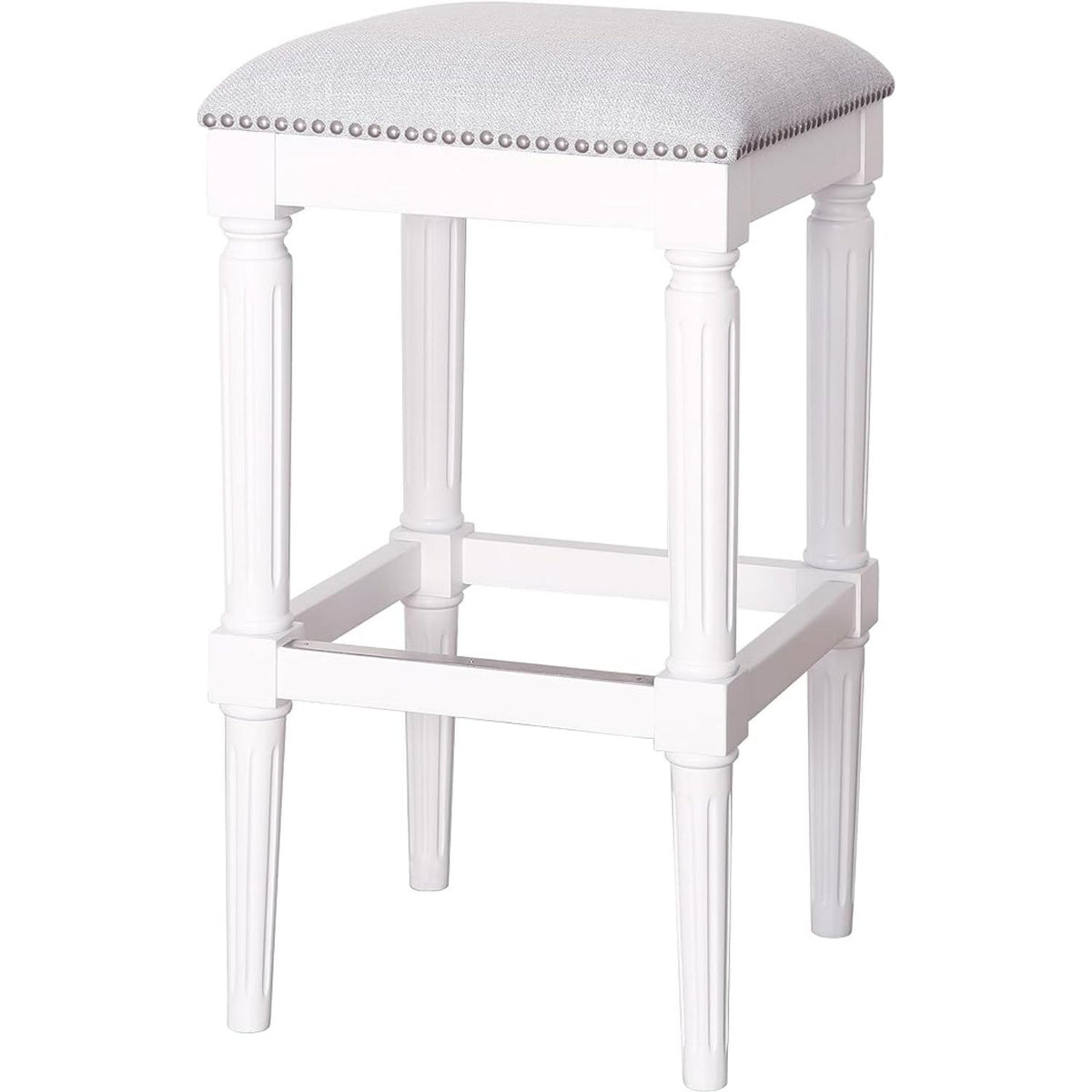 31" Light Gray And White Fabric And Solid Wood Backless Bar Height Bar Chair