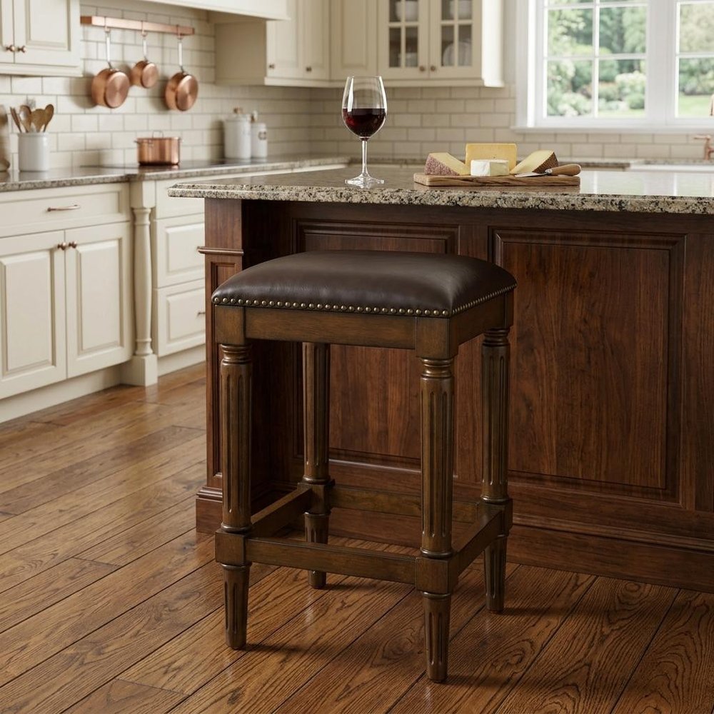 27" Brown And Dark Brown Solid Wood Backless Counter Height Bar Chair