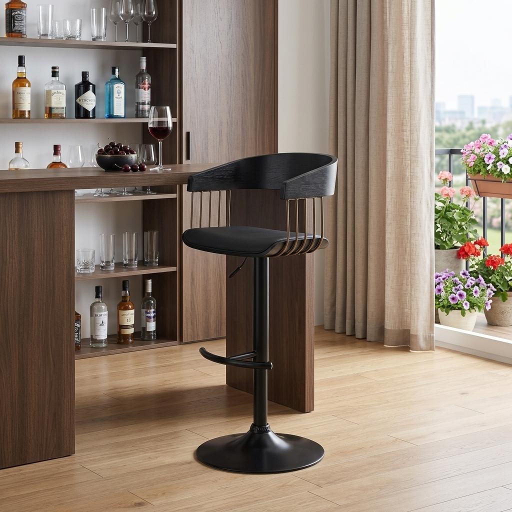 Black Faux Leather And Fabric And Metal Adjustable Height Swivel Bar Chair