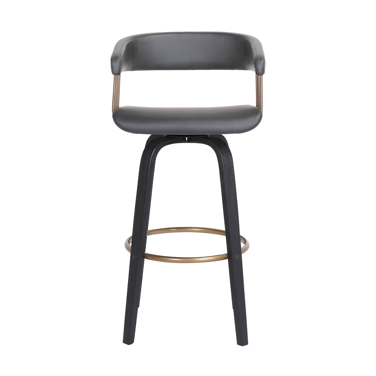 26" Gray And Black Faux Leather And Fabric And Wood Counter Height Swivel Bar Chair
