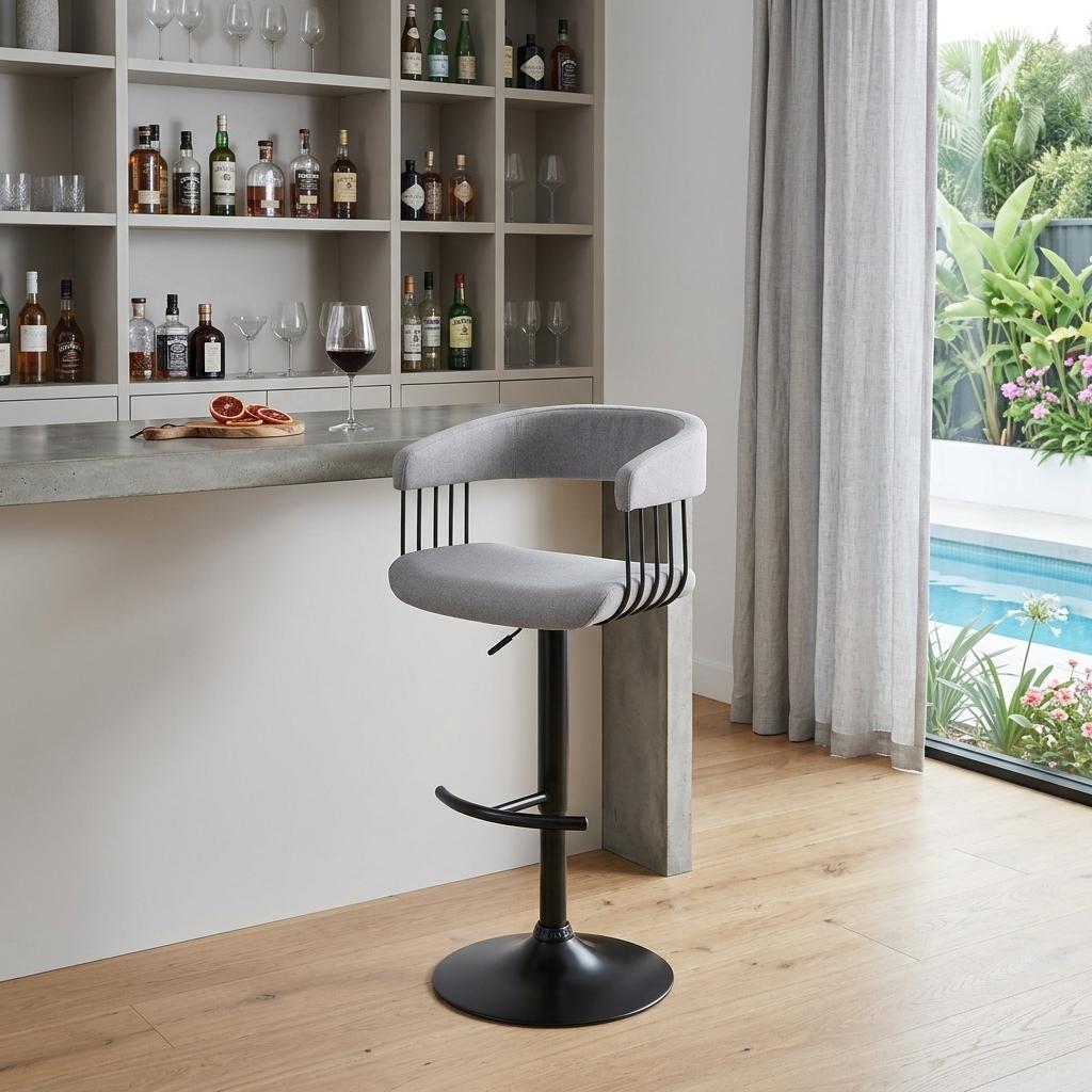 Light Gray And Black Fabric And Metal Adjustable Height Swivel Bar Chair