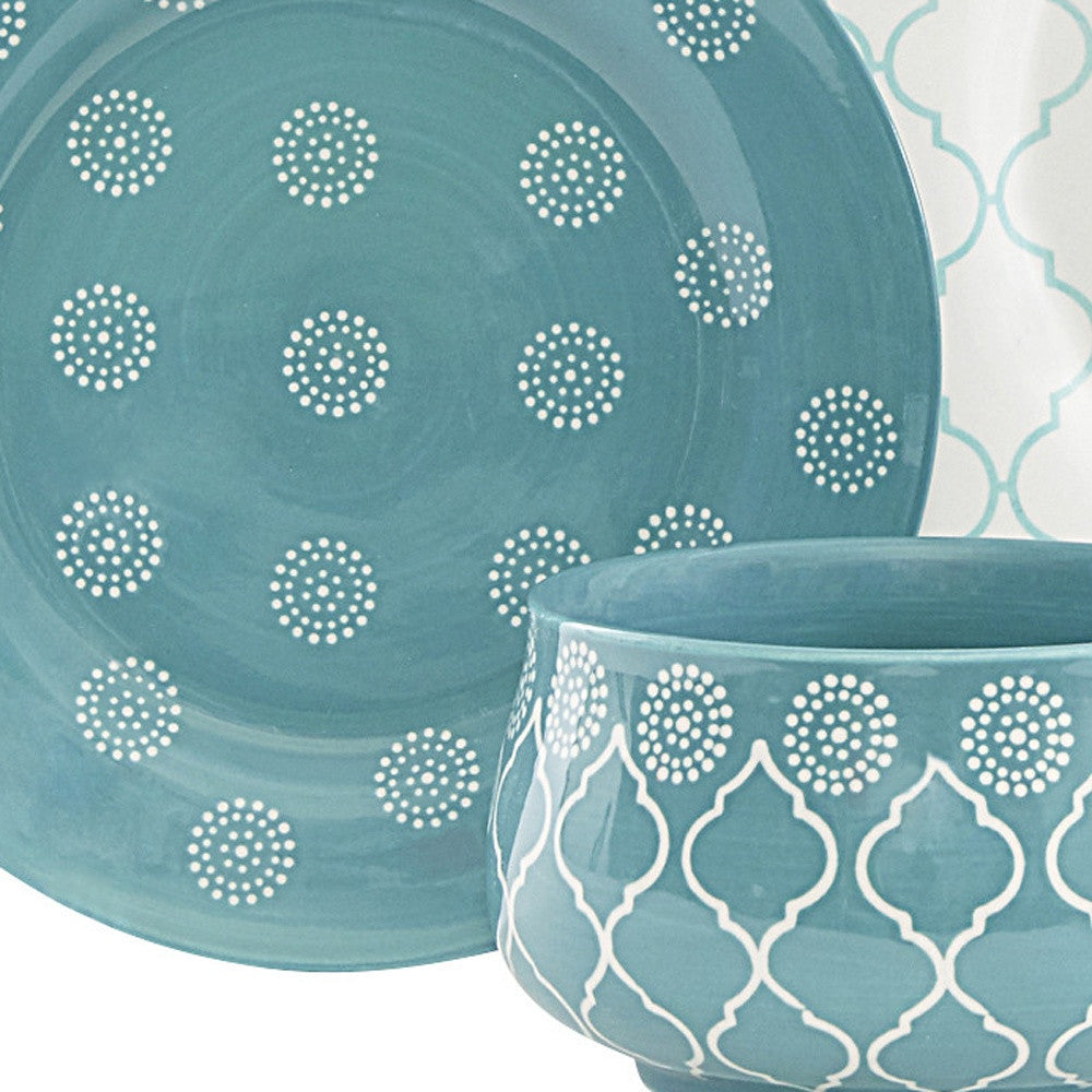Turquoise Sixteen Piece Round Trellis Ceramic Service For Four Dinnerware Set
