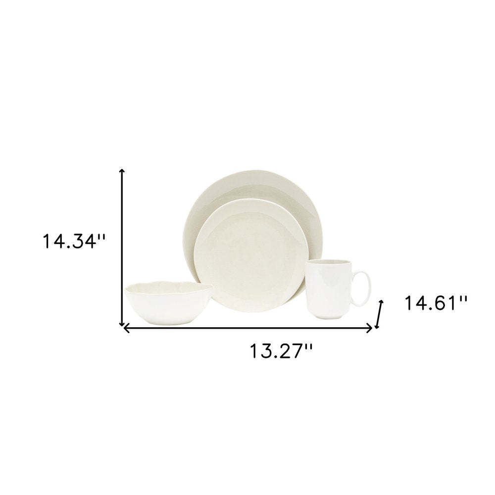 White and Natural Sixteen Piece Round Ceramic Service For Four Dinnerware Set