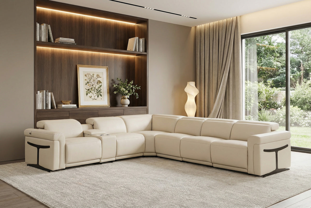 Beige Italian Leather Modular L Shaped Seven Piece Corner Sectional With Console