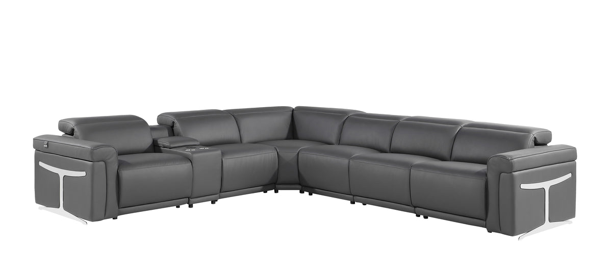 Gray Italian Leather Modular L Shaped Seven Piece Corner Sectional With Console