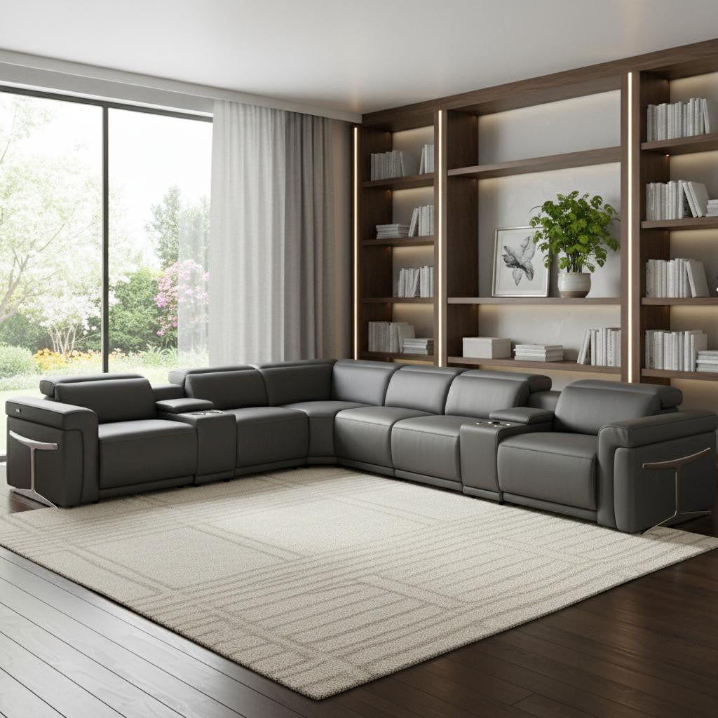 Gray Italian Leather Modular L Shaped Eight Piece Corner Sectional With Console