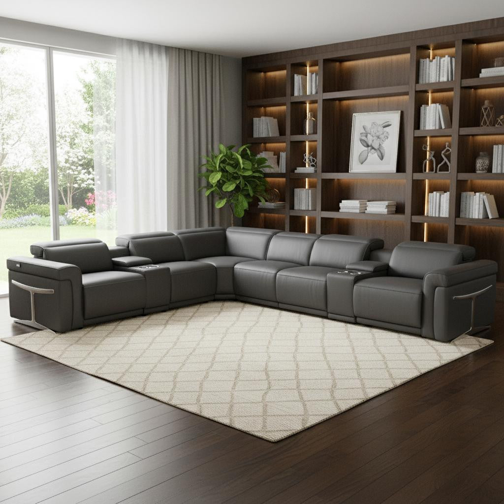 Gray Italian Leather Modular L Shaped Eight Piece Corner Sectional With Console