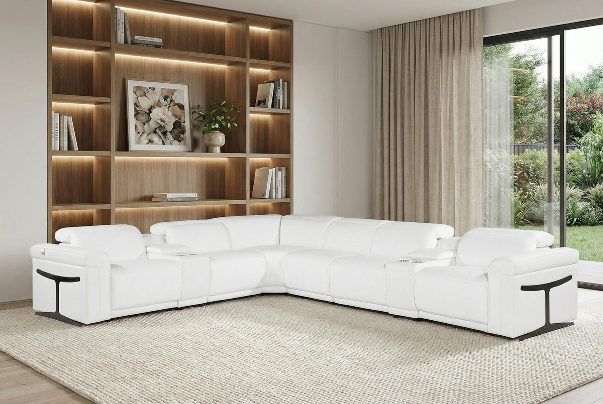 White Italian Leather Modular L Shaped Eight Piece Corner Sectional With Console