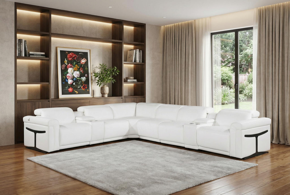 White Italian Leather Modular L Shaped Eight Piece Corner Sectional With Console