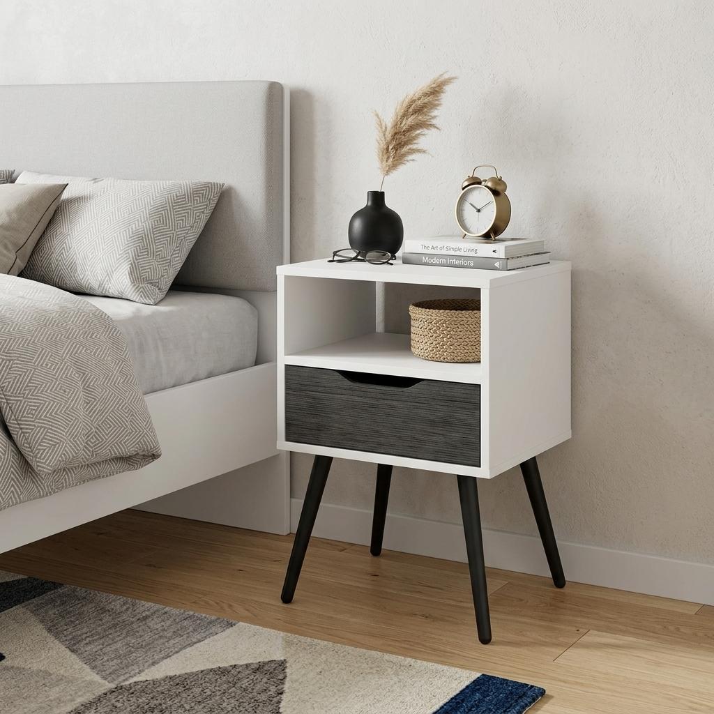 25" Gray And White Wood One Drawer Nightstand