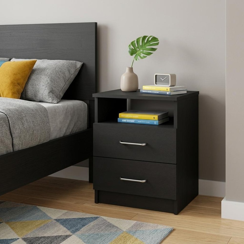 20" Black Wood Two Drawer Nightstand