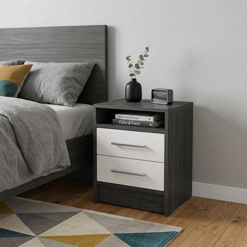 20" Dark Gray And White Wood Two Drawer Nightstand